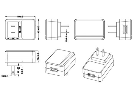 Drawing of 20W Japan Plug Wall Mount Power Adapters