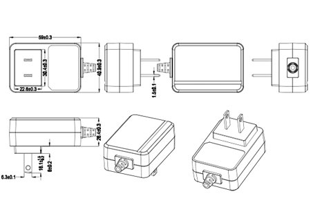 Drawing of 20W Japan Plug Wall Mount Power Adapters