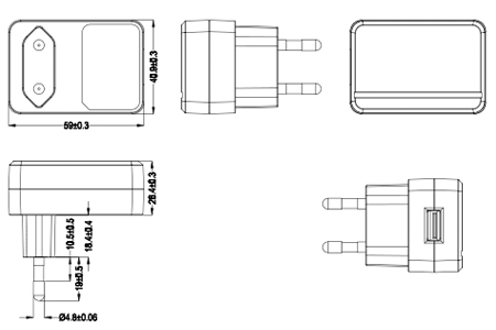 Drawing of 20W Korea Plug Wall Mount Power Adapters