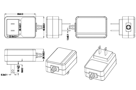 Drawing of 20W US Plug Wall Mount Power Adapters