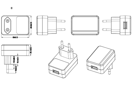 Drawing of 20W EU Plug Wall Mount Power Adapters