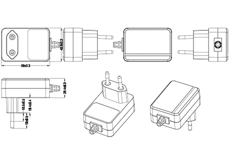 Drawing of 20W EU Plug Wall Mount Power Adapters